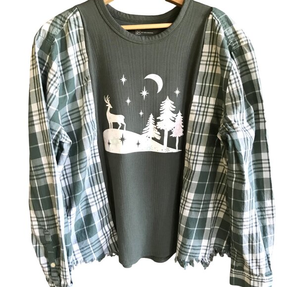 Flannel Shirt Upcycle, M-L: Reworked Oversized Pullover Sweatshirt, Winter Scene - Picture 1 of 12
